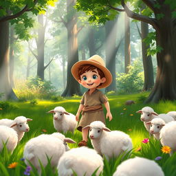 An animated scene depicting a young shepherd boy in a serene forest setting, surrounded by fluffy sheep