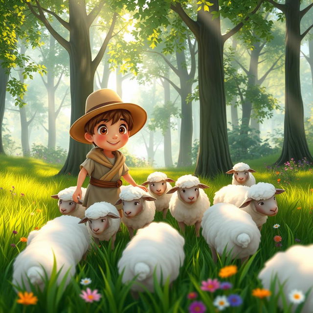 An animated scene depicting a young shepherd boy in a serene forest setting, surrounded by fluffy sheep