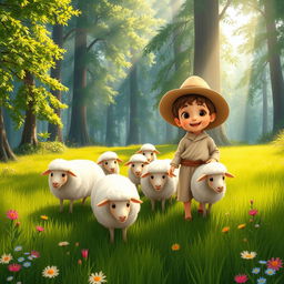 An animated scene depicting a young shepherd boy in a serene forest setting, surrounded by fluffy sheep