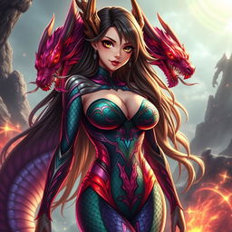 A stunning portrayal of Tiamat from Dungeons & Dragons reimagined as a sexy anime girl with large breasts, clad in a form-fitting, eye-catching bodysuit