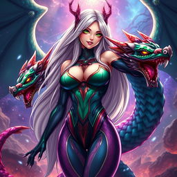 A stunning portrayal of Tiamat from Dungeons & Dragons reimagined as a sexy anime girl with large breasts, clad in a form-fitting, eye-catching bodysuit