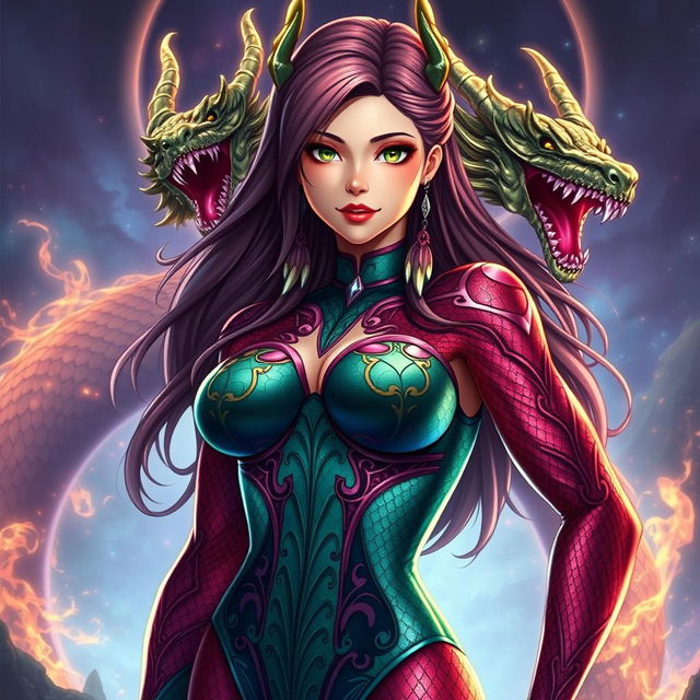 A stunning portrayal of Tiamat from Dungeons & Dragons reimagined as a sexy anime girl with large breasts, clad in a form-fitting, eye-catching bodysuit