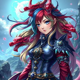 A captivating portrayal of Tiamat from Dungeons & Dragons reimagined as a vibrant anime girl