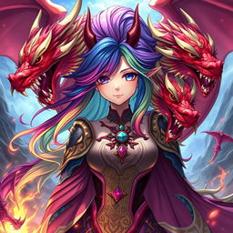 A captivating portrayal of Tiamat from Dungeons & Dragons reimagined as a vibrant anime girl