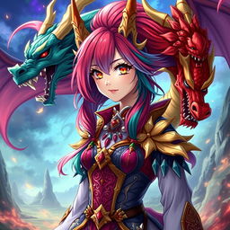 A captivating portrayal of Tiamat from Dungeons & Dragons reimagined as a vibrant anime girl