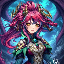 A captivating portrayal of Tiamat from Dungeons & Dragons reimagined as a vibrant anime girl