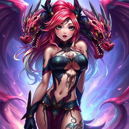 An imaginative depiction of Tiamat from Dungeons & Dragons reinterpreted as an anime girl in a sexy outfit