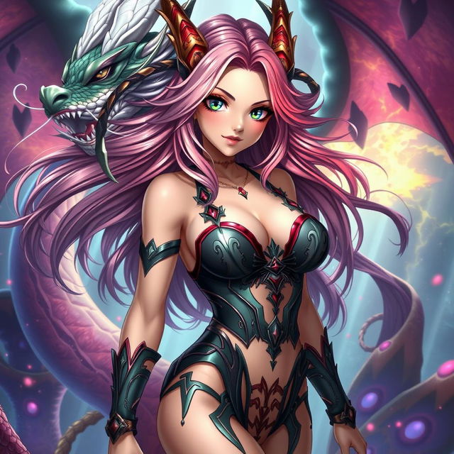 An imaginative depiction of Tiamat from Dungeons & Dragons reinterpreted as an anime girl in a sexy outfit