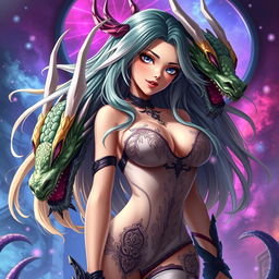 An imaginative depiction of Tiamat from Dungeons & Dragons reinterpreted as an anime girl in a sexy outfit
