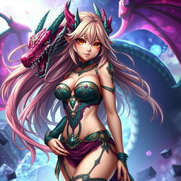 An imaginative depiction of Tiamat from Dungeons & Dragons reinterpreted as an anime girl in a sexy outfit