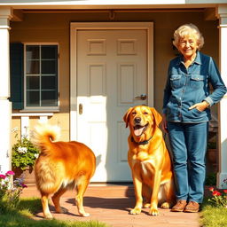 A heartwarming scene depicting a friendly dog standing at the door of a charming house