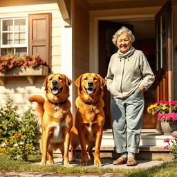 A heartwarming scene depicting a friendly dog standing at the door of a charming house