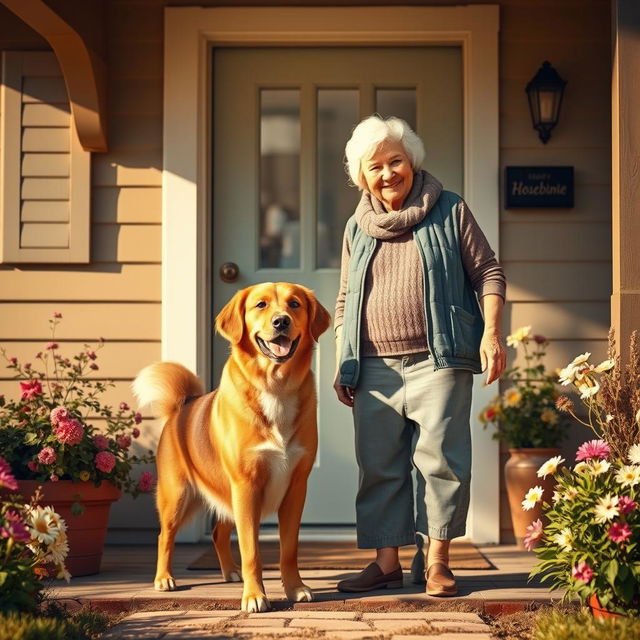 A heartwarming scene depicting a friendly dog standing at the door of a charming house