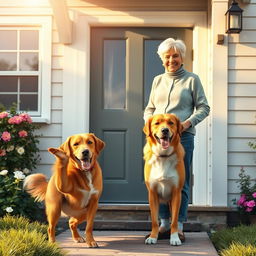A heartwarming scene depicting a friendly dog standing at the door of a charming house