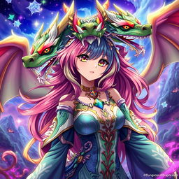 A vibrant and imaginative depiction of Tiamat from Dungeons & Dragons as an anime girl