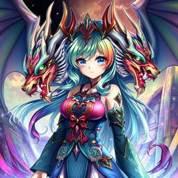 A vibrant and imaginative depiction of Tiamat from Dungeons & Dragons as an anime girl