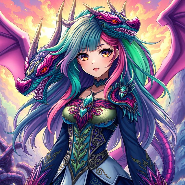 A vibrant and imaginative depiction of Tiamat from Dungeons & Dragons as an anime girl