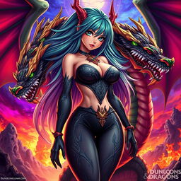 An imaginative portrayal of Tiamat from Dungeons & Dragons as an anime girl with an emphasis on her voluptuous figure