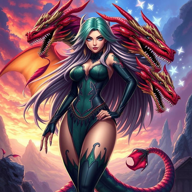 An imaginative portrayal of Tiamat from Dungeons & Dragons as an anime girl with an emphasis on her voluptuous figure