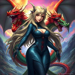 An imaginative portrayal of Tiamat from Dungeons & Dragons as an anime girl with an emphasis on her voluptuous figure