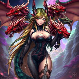 A creative and captivating representation of Tiamat from Dungeons & Dragons as an anime girl with a voluptuous figure