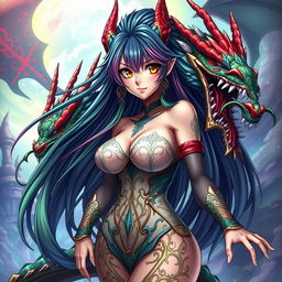 A creative and captivating representation of Tiamat from Dungeons & Dragons as an anime girl with a voluptuous figure