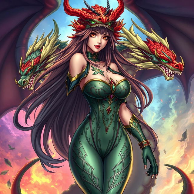 A creative and captivating representation of Tiamat from Dungeons & Dragons as an anime girl with a voluptuous figure