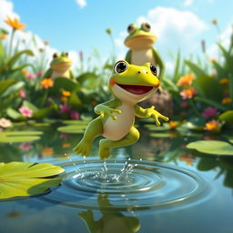 An animated scene showcasing a baby frog joyfully jumping in a lush green pond area