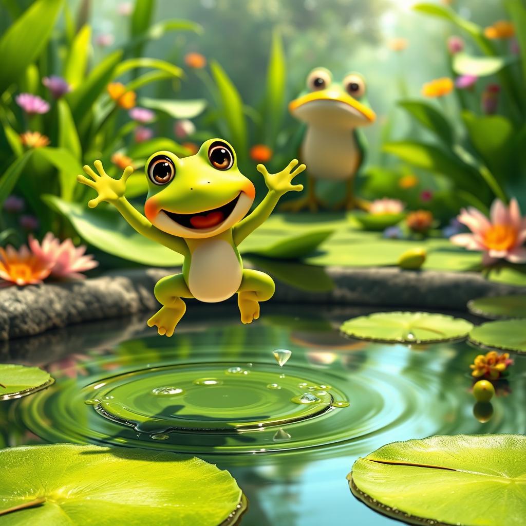 An animated scene showcasing a baby frog joyfully jumping in a lush green pond area