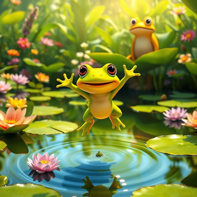 An animated scene showcasing a baby frog joyfully jumping in a lush green pond area