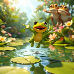 An animated scene showcasing a baby frog joyfully jumping in a lush green pond area