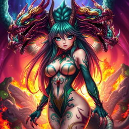 A striking portrayal of Tiamat from Dungeons & Dragons reimagined as an anime girl with a curvaceous figure