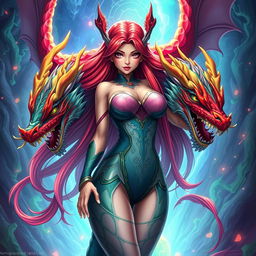 A striking portrayal of Tiamat from Dungeons & Dragons reimagined as an anime girl with a curvaceous figure
