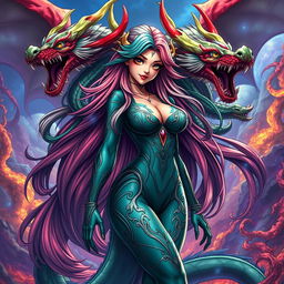 A striking portrayal of Tiamat from Dungeons & Dragons reimagined as an anime girl with a curvaceous figure