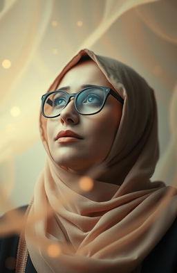 A woman wearing a hijab and glasses, looking contemplative and lost in thought, surrounded by an abstract backdrop that symbolizes confusion and searching for direction