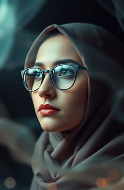 A woman wearing a hijab and glasses, looking contemplative and lost in thought, surrounded by an abstract backdrop that symbolizes confusion and searching for direction