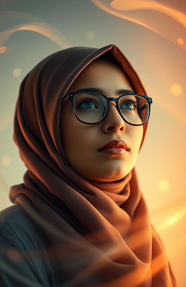 A woman wearing a hijab and glasses, looking contemplative and lost in thought, surrounded by an abstract backdrop that symbolizes confusion and searching for direction