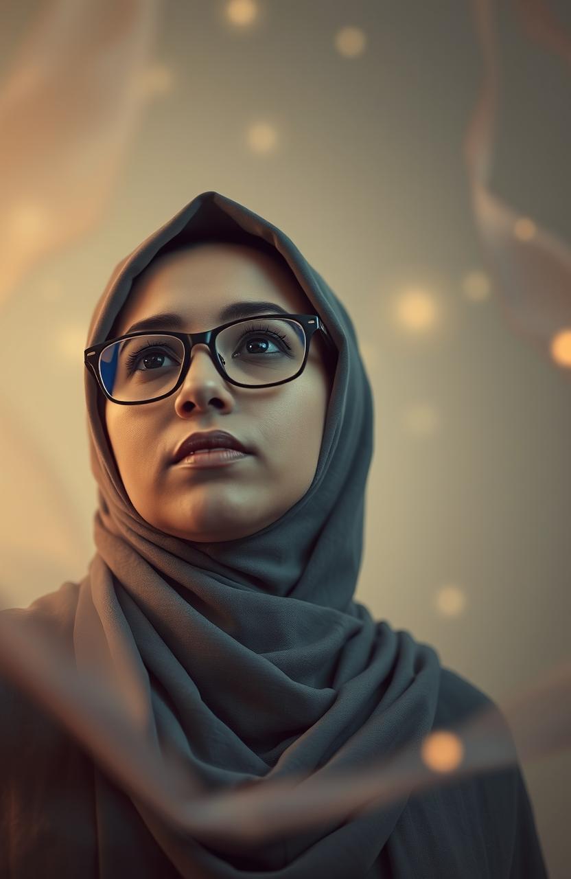 A woman wearing a hijab and glasses, looking contemplative and lost in thought, surrounded by an abstract backdrop that symbolizes confusion and searching for direction