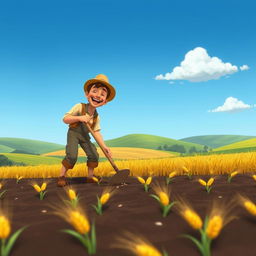 An animated scene showing a man joyfully planting wheat in a picturesque rural landscape