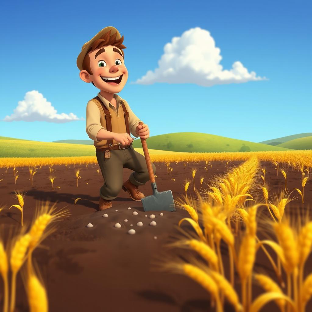 An animated scene showing a man joyfully planting wheat in a picturesque rural landscape