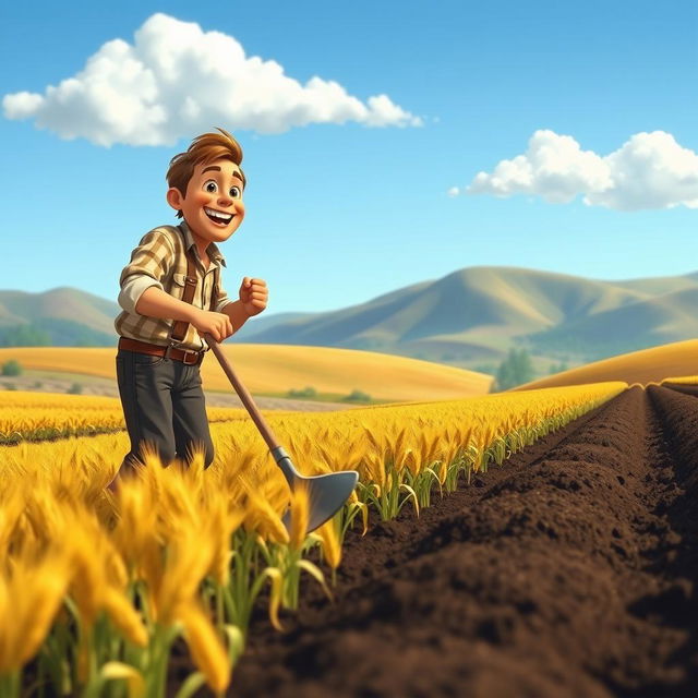 An animated scene showing a man joyfully planting wheat in a picturesque rural landscape