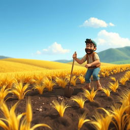 An animated scene showing a man joyfully planting wheat in a picturesque rural landscape