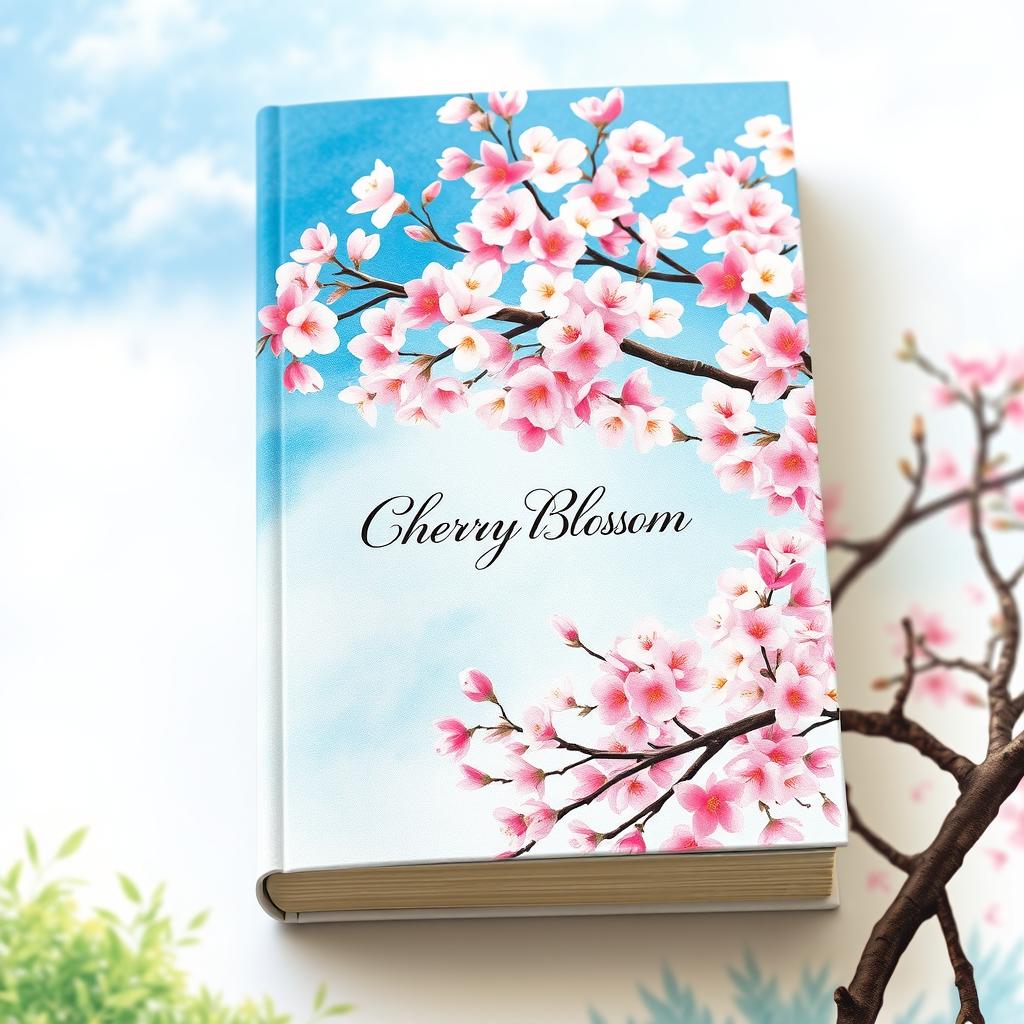 A book cover design featuring a cherry blossom tree in bloom, created in a beautiful watercolor painting style