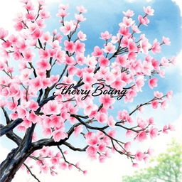 A book cover design featuring a cherry blossom tree in bloom, created in a beautiful watercolor painting style