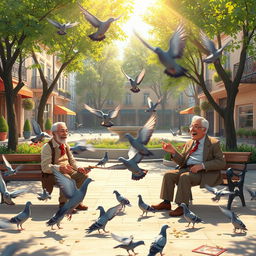 An animated scene depicting a lively plaza filled with several pigeons playfully fluttering around