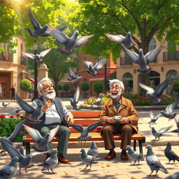 An animated scene depicting a lively plaza filled with several pigeons playfully fluttering around