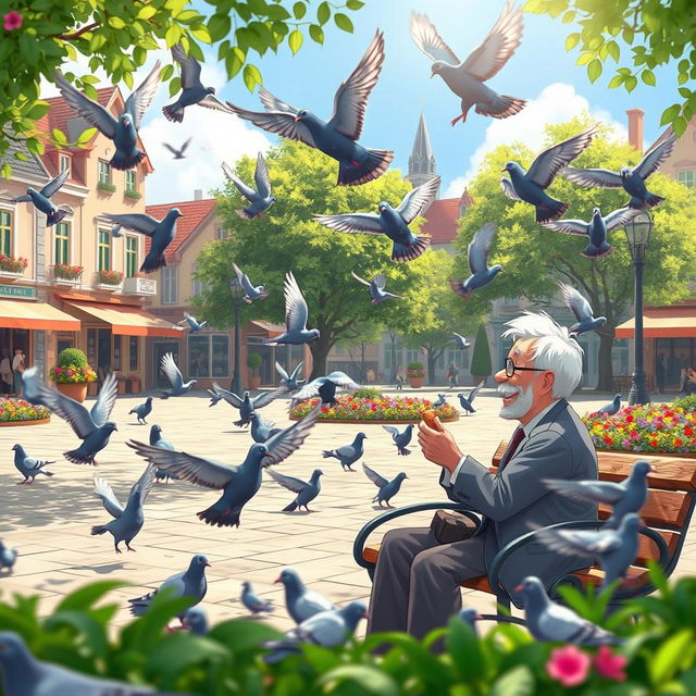 An animated scene depicting a lively plaza filled with several pigeons playfully fluttering around