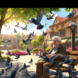 An animated scene depicting a lively plaza filled with several pigeons playfully fluttering around