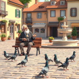 An animated scene depicting a charming plaza with a few pigeons pecking around on the cobblestone ground