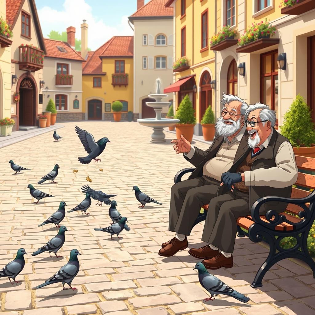 An animated scene depicting a charming plaza with a few pigeons pecking around on the cobblestone ground